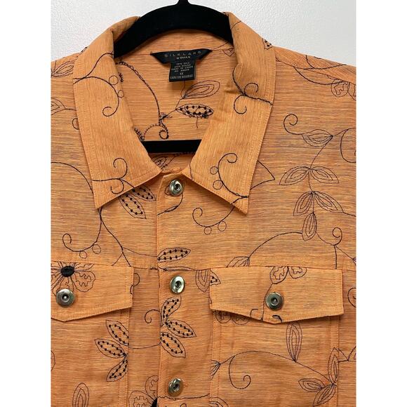 Silkland Woman Long Sleeve Silk Embroidered Floral Button Down Shirt Orange 1X - Picture 2 of 9